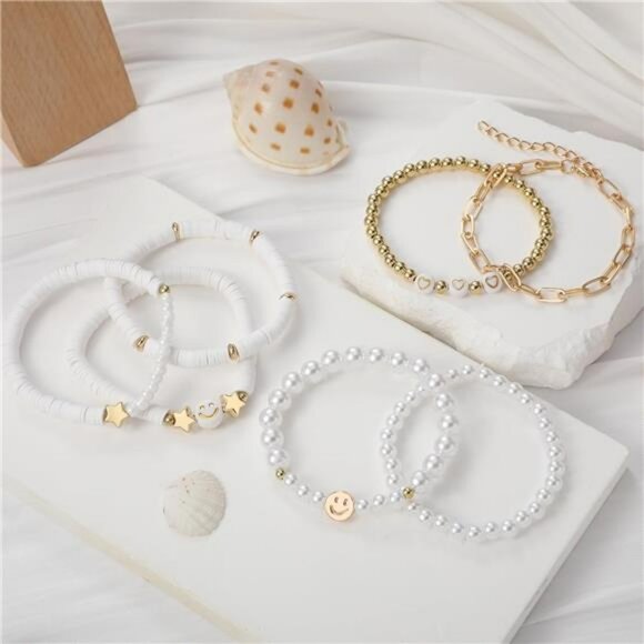 Preppy Beaded Bracelets Set Smile Heart Star Pearl Stackable Y2K Jewelry - Picture 4 of 7